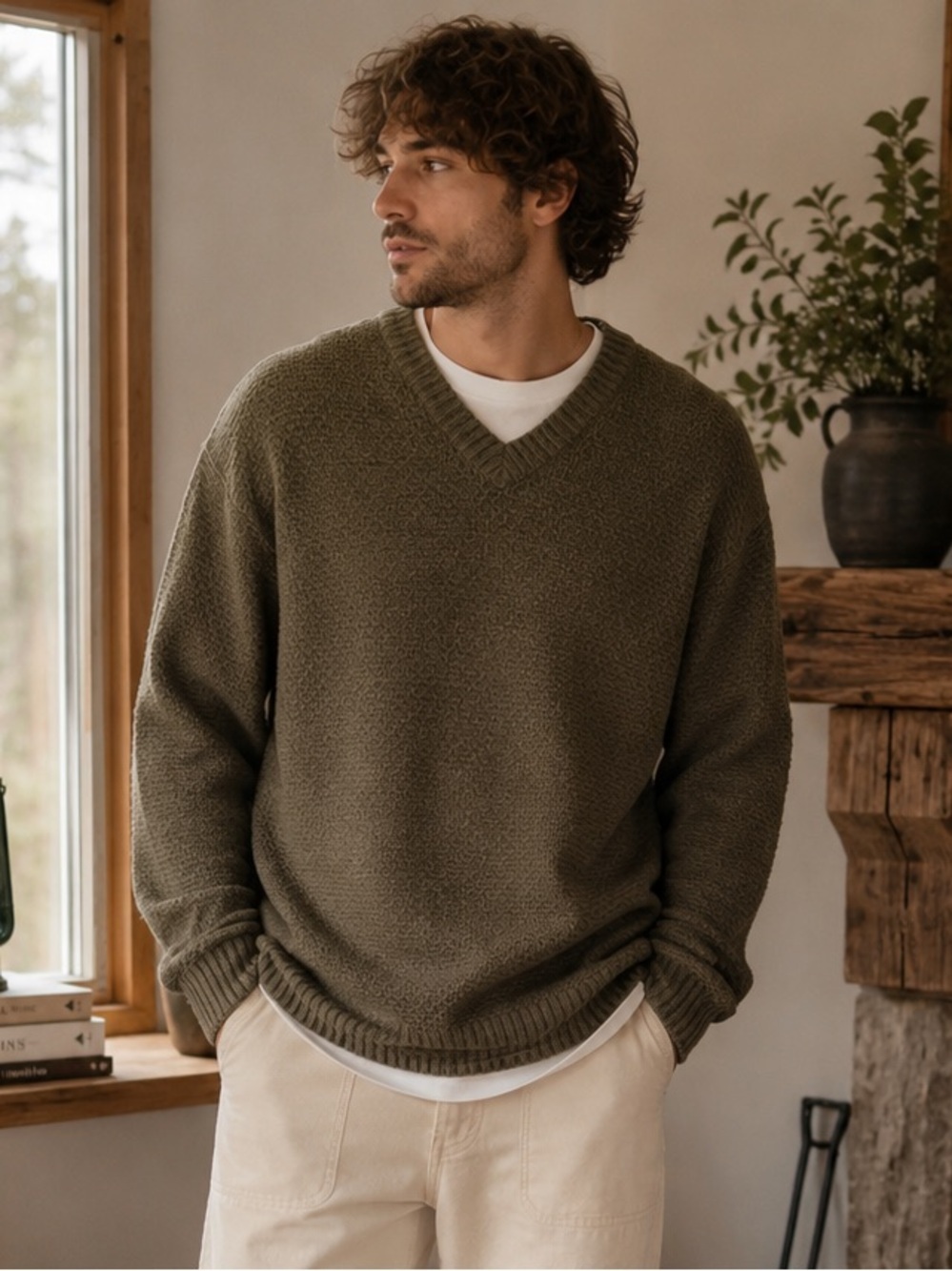Vintage Woolrich Dark Moss V-Neck Ramie Cotton Sweater XL Cabinecore Coastal